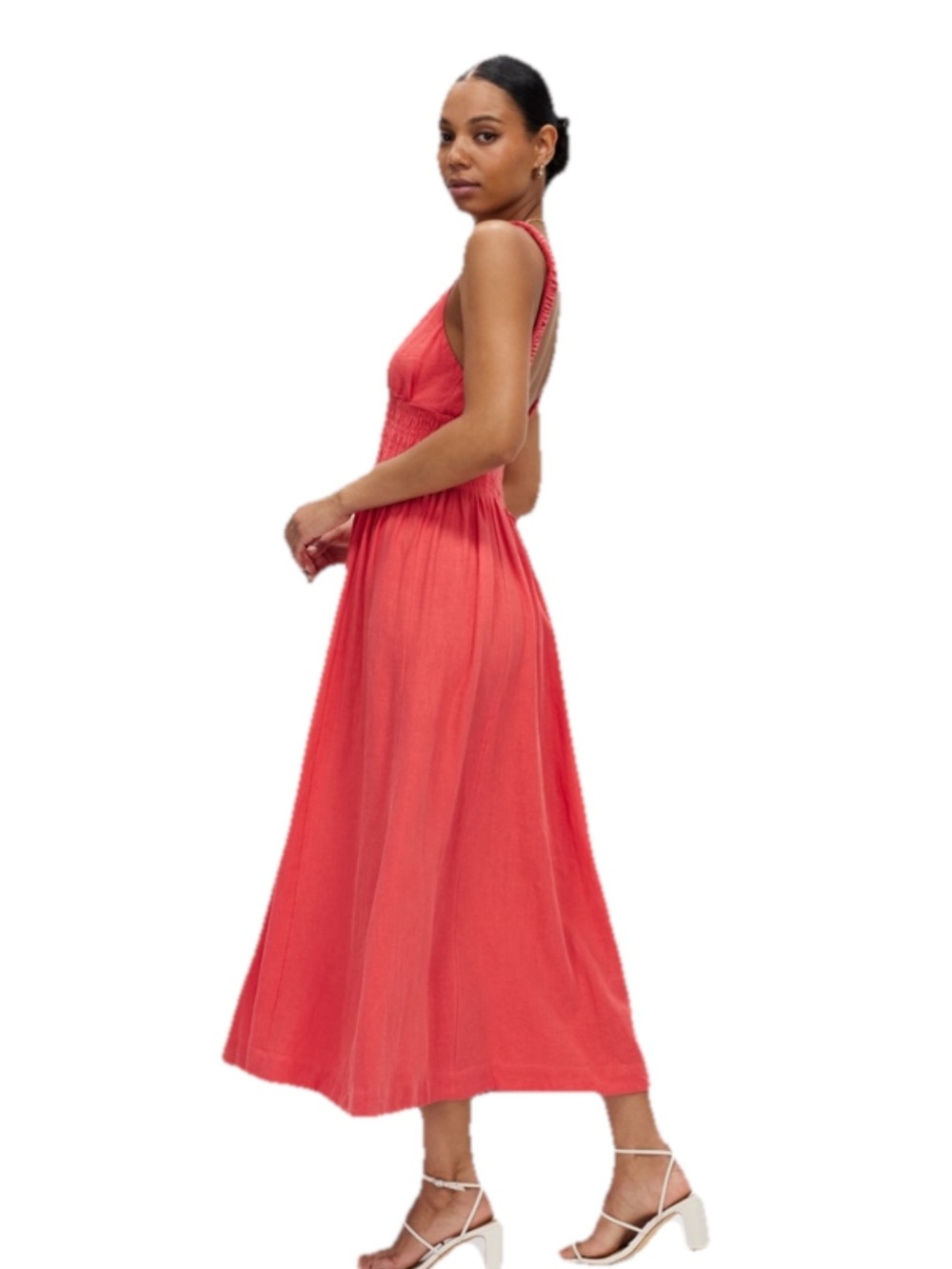 Abercrombie & Fitch Pink Linen Blend Smocked Maxi Dress V-Neck Small